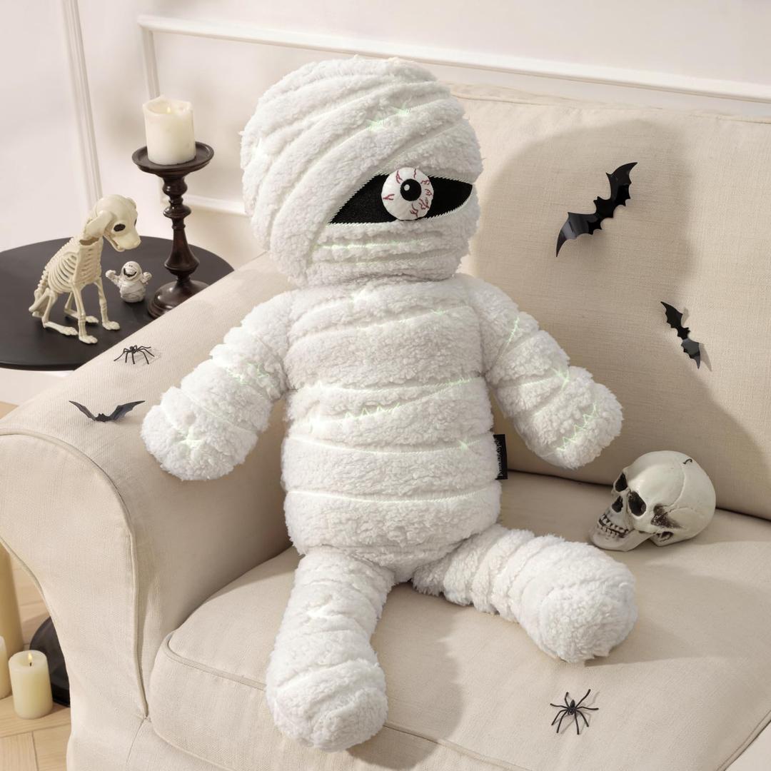 Phantoscope Happy Halloween Shaped Throw Pillow, Mummy Shaped Pillow with Magnetic Eye, Soft Sherpa Fleece Embroidery Halloween Decorative Cushion for Couch, White 29.5 x 14 in
