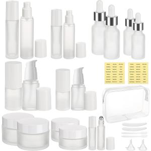 27 Pack Travel Skincare Containers Set 0.4/0.51/0.68/1.7oz Portable Travelling Size Bottles Toiletries Leak Proof Refillable Liquid Essentials with Toiletry Bag for Cosmetic Shampoo