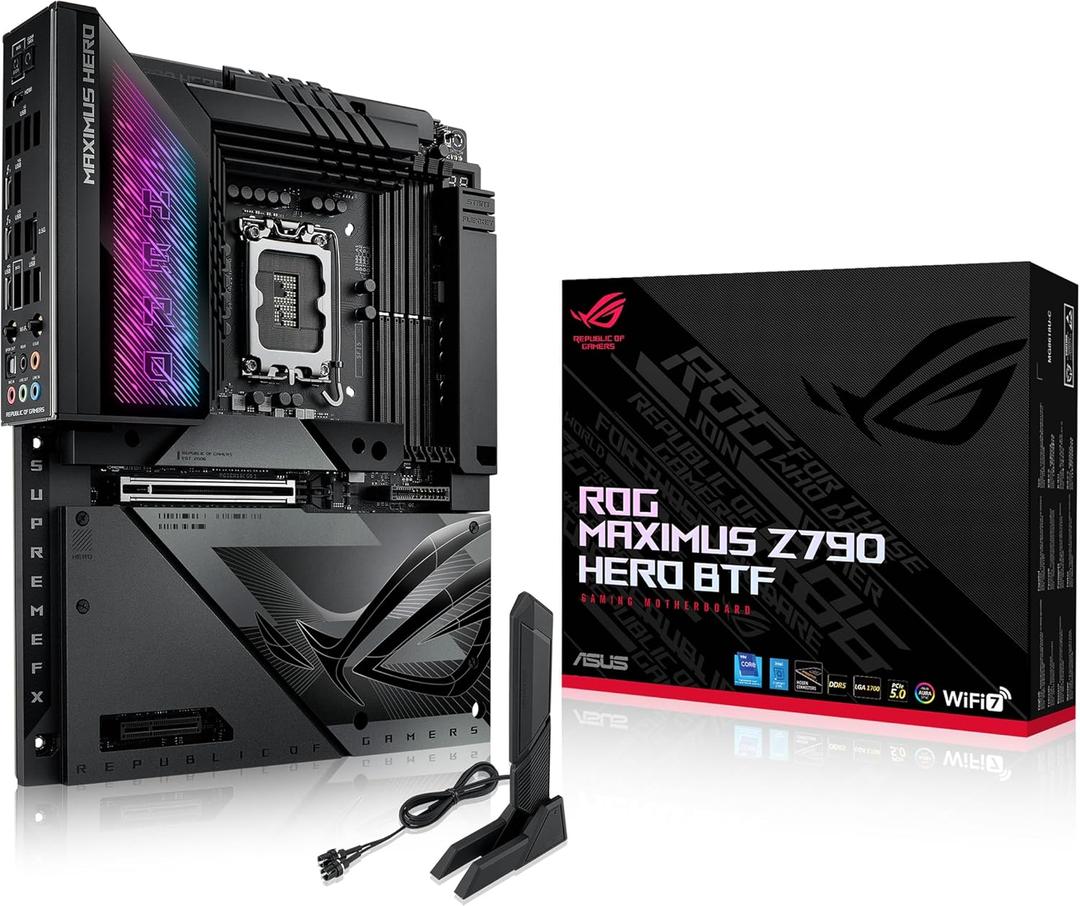 ROG MAXIMUS Z790 HERO BTF LGA 1700 ATX gaming motherboard,hidden-connector design, 20+1+2 power stages,DDR5,5xM.2 slots,PCIe 5.0 NVMe SSD slot onboard,Wi-Fi 7 with WiFi Q-Antenna,2xThunderbolt 4 ports