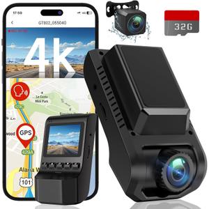 Dash Cam Front and Rear, 4K Ultra HD+1080P Dash Camera for Cars, Built-in Wi-Fi GPS, Included 32GB Card, 2.0'' IPS Screen Mini Car Camera, App, Night Vision, 170Wide Angle, 24H Parking Mode