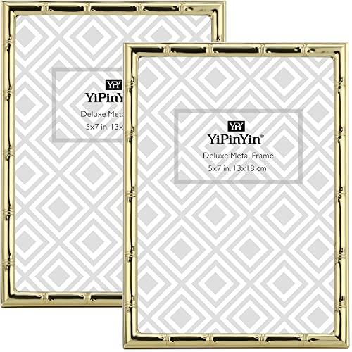 YiPinYin Gold 5x7'' Bamboo Detail Designs Metal Picture Frame 2pack,Elegant Narrow Plated Photo Frames 5x7'' With Soft Touch Velvet Backing for Desktop and Wall Décor
