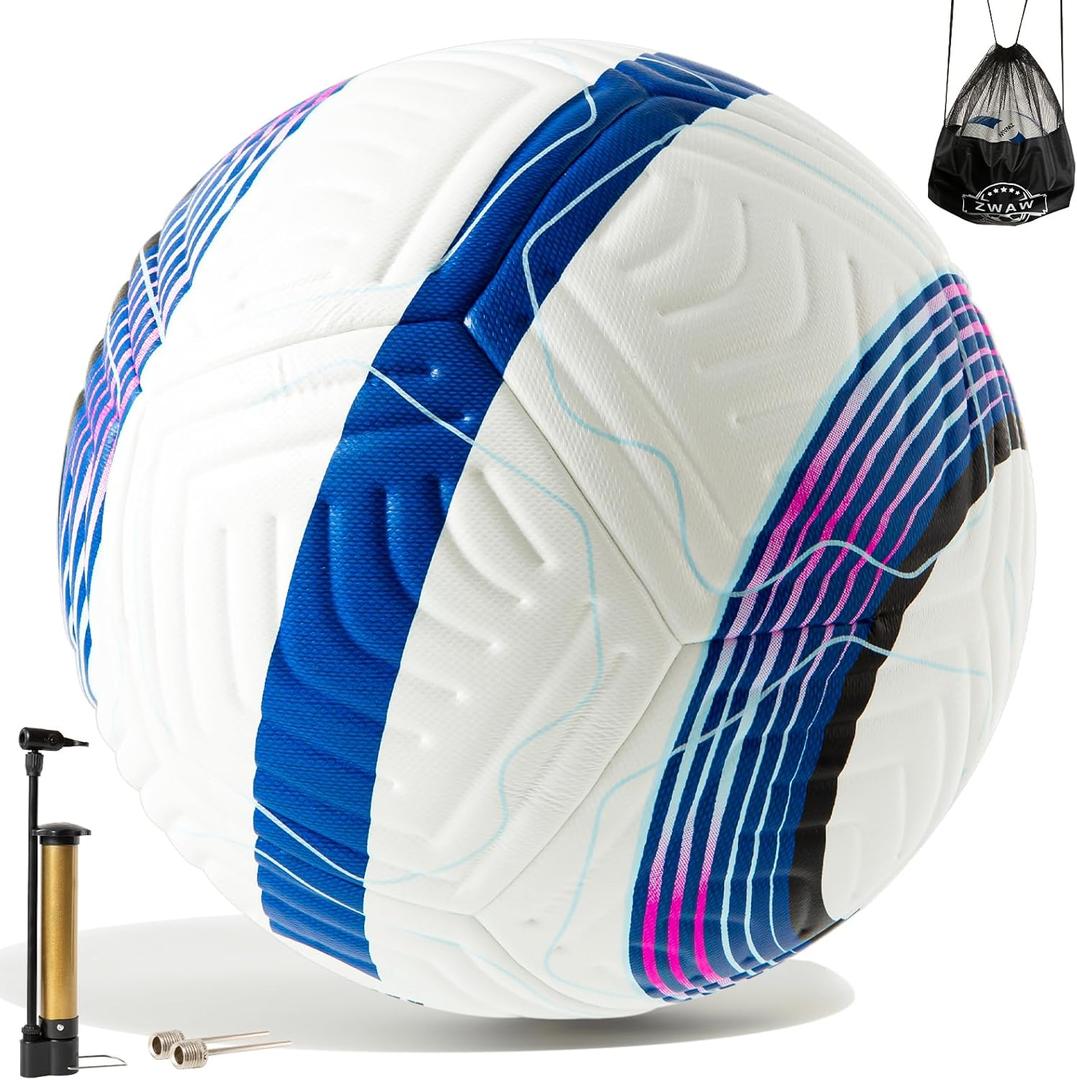 Official Match Soccer Ball Size 5  Waterproof PU Leather, Includes Pump & Needles, Mesh Storage Bag for Easy Carry (Multicolor)