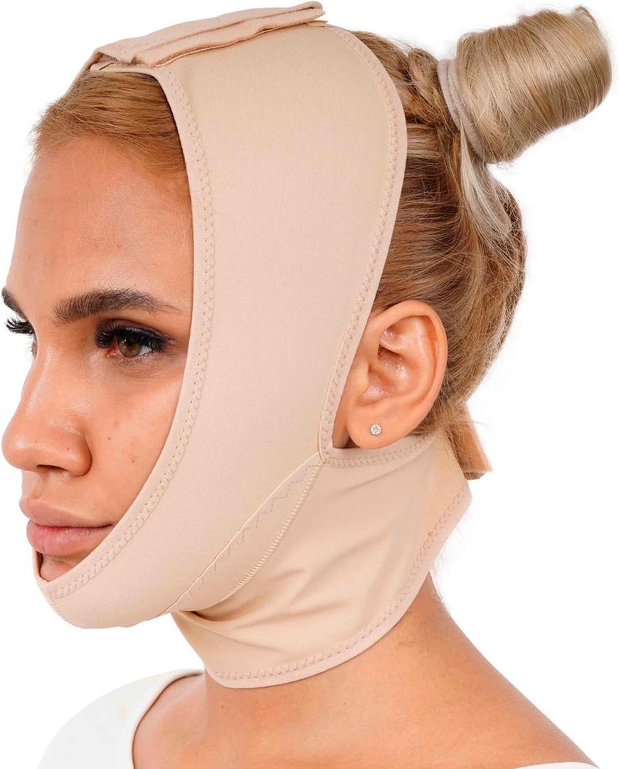 invera Chin Compression Garment After Liposuction Surgery, Neck Cover Strap Bandage (Large (Pack of 1), Beige)
