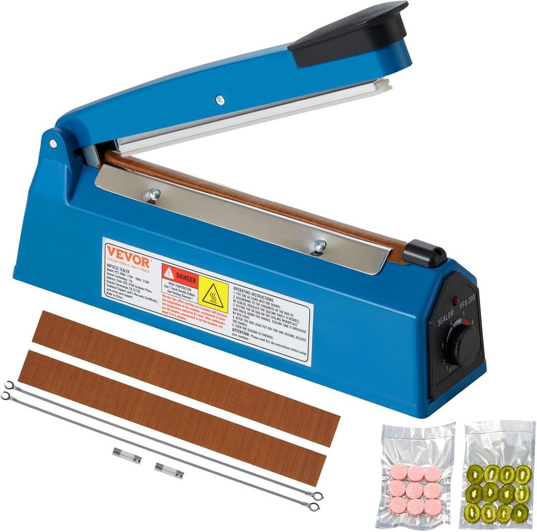 VEVOR Impulse Sealer 8 inch, Manual Heat Seal Machine with Adjustable Heating Mode, ABS Shrink Wrap Bag Sealers for Plastic Mylar PE PP Bags, Portable Poly Bag Sealing Machine with Extra Replace Kit (Blue)