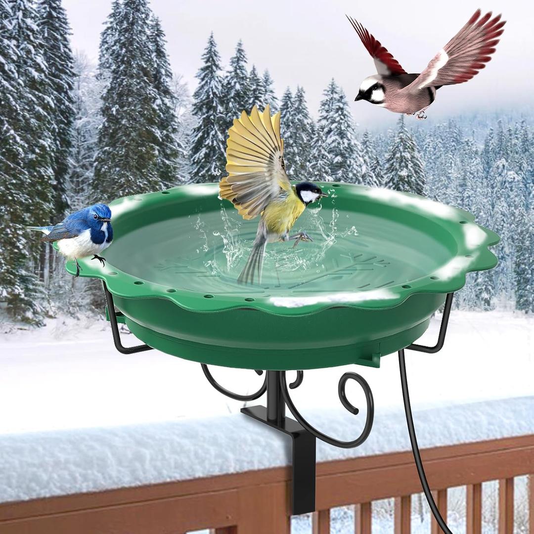 Heated Bird Baths for Outdoors, 100W Heated Bird Bath for Deck Railing, Heated Birdbath with Thermostat Control, Heated Bird Bath for Outside Winter Garden Patio Yard (Green)