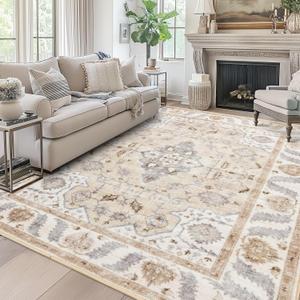 Area Rug 9x12 for Living Room Soft Machine Washable Low Pile Area Rugs Vintage Boho Bedroom,Dinner Room Non-Slip Carpet Rug - Beige