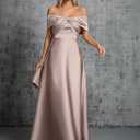 Women's Off The Shoulder Satin Maxi Dress, Elegant Twist Front Ruched Formal Evening Gown for Party (Beige, XL)