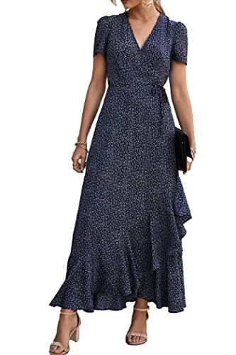 PRETTYGARDEN Women's Boho Floral Maxi Dress Summer Short Sleeve Wrap V Neck Long Flowy Beach Vacation Wedding Guest Dresses (Blue,X-Large)
