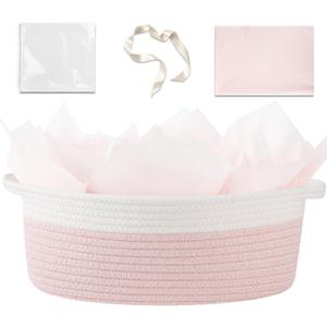 OIAHOMY Gift Basket Empty with Handle, 13.4"x 10"x 5.5" Small Woven Basket with Gift Bag, Ribbon and Wrap Tissue Paper, Dog Toy Storage for Organizing - Pink & White