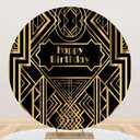 Renaiss 7x7ft Gatsby Happy Birthday Round Backdrop Cover Roaring 20's 20s Themed Circle Photography Background Vintage Black Gold Roars of 20's Dress-Up Birthday Party Decor Arch Photo Booth Props