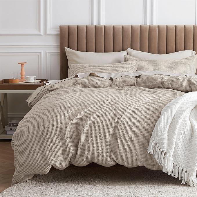Bedsure Cotton Duvet Cover King - 100% Cotton Waffle Weave Coconut White Duvet Cover King Size, GentleSoft and Breathable Bedding Set for All Season, 3 Pieces, 104"x90"