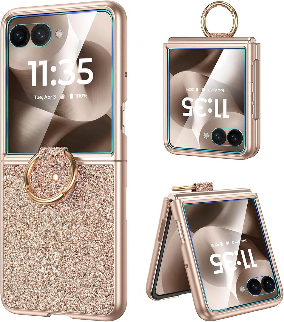 Caka Bling Case for Motorola Razr+ (Plus) & Razr Ultra 2025 Case, with Finger Ring Holder & Built-in Screen Protector, Slim Thin Protective Phone Cover for Razr+ & Ultra 2025 - Rose Gold