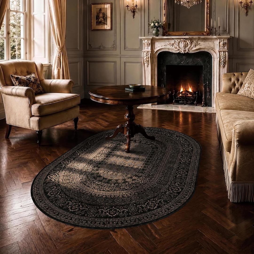 4x6 Oval Rug - Washable Ultra-Thin Carpet Black Bronze