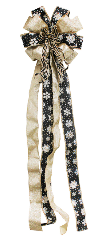 Christmas Tree Topper Bow, 43" Christmas Wreath Bows Black and Gold Ribbon Ornaments with Tassels Snowflakes and Glitter, Home Decor for Holiday Xmas Decoration Home Parties Wedding Gift