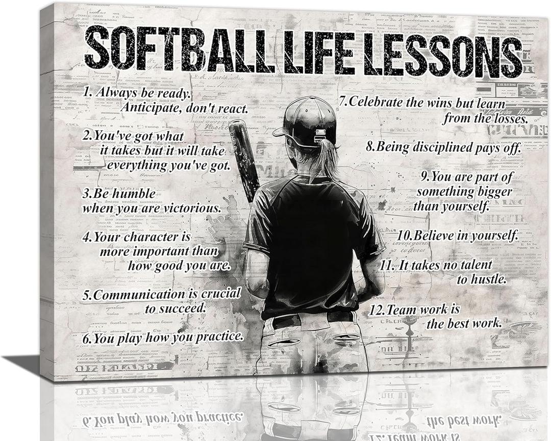 Softball Sports Wall Art Softball Life Lessons Wall Decor Softball Sign Retro Poster Boy Girls Men Room Motivational Decorations Canvas Print Painting Artwork for Bedroom Bathroom Living Room 24"x20"