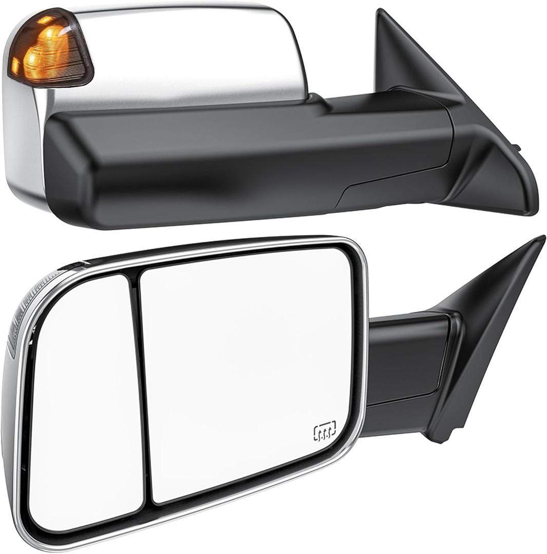 Smoked Power Heated Tow Mirrors Compatible with Dodge Ram 1500 2002-2008, 2500 3500 2003-2009, Flip Up Extended Trailer Towing Side Mirrors, Chrome Housing