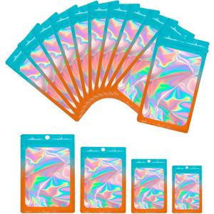 100 PCS Holographic Mylar Bags, Smell Proof Resealable Foil Pouches for Small Business, Food Storage, Jewelry, Candy & Sample Packaging (2.4"x3.9", Blue Orange)