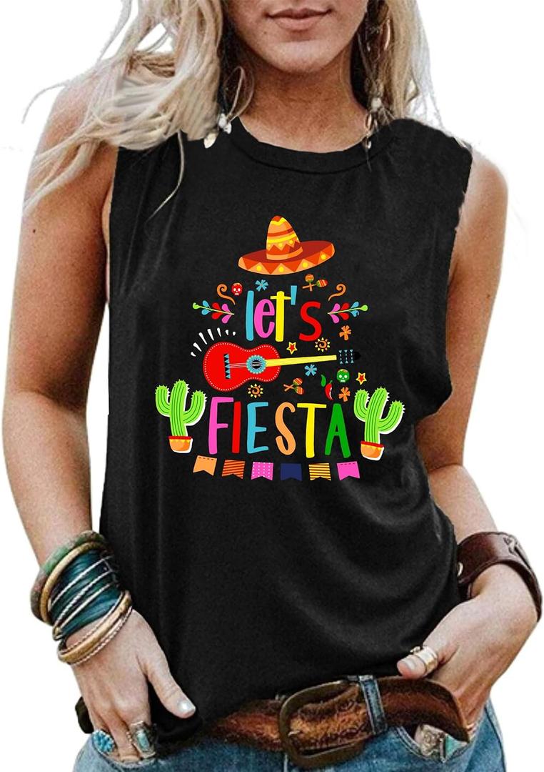 Cinco De Mayo Shirts for Women Fiesta Tank Tops Funny Mexican Party Tshirt Sombrero Graphic Sleeveless 5 De Mayo Tees, Medium