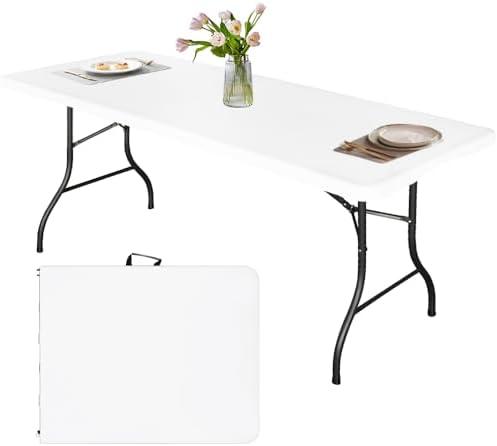 Bblife 6FT Folding Tables Heavy Duty Folding Table, Multi-Functional Fold up Table for Outdoor Camping Picnic Parties, Indoor Events White Training Table with 330lbs Static Weight Capacity