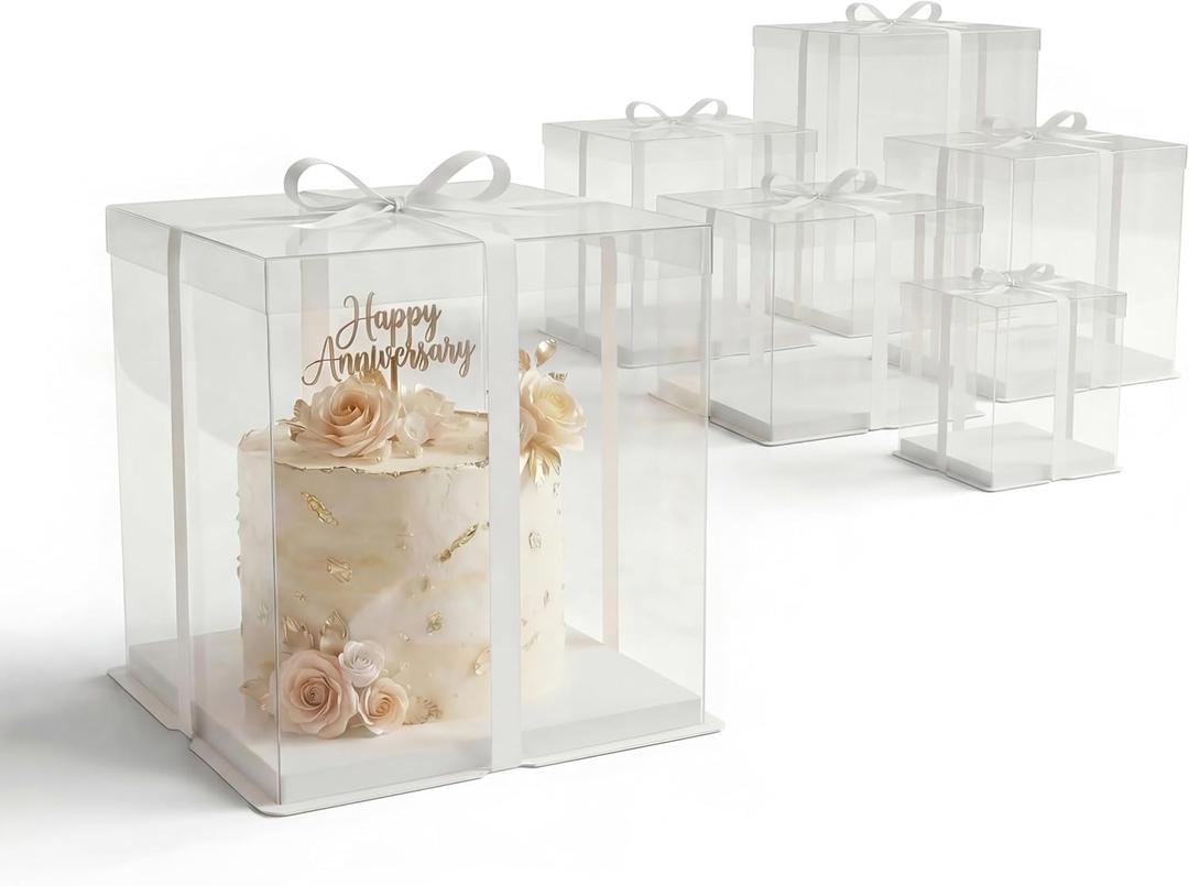 BOARDS+ 10 Inch Clear Cake Boxes (3 Pack) + Satin White Ribbon | Sturdy Beautiful Cake Carrier For 8 Inch Cakes & Gift Box