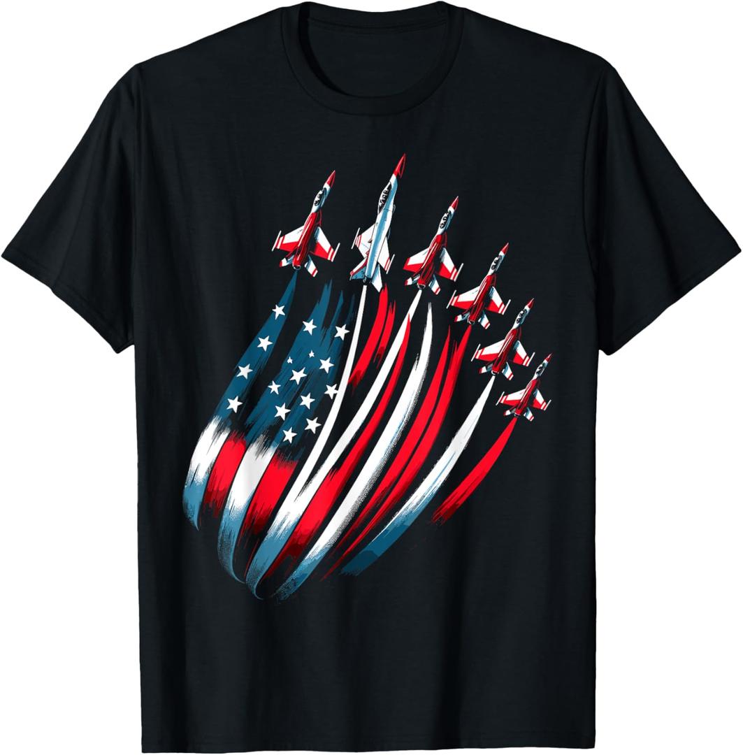 Patriotic USA Flag Fighter Jets Boys 4th of July T-Shirt (Small, Black)