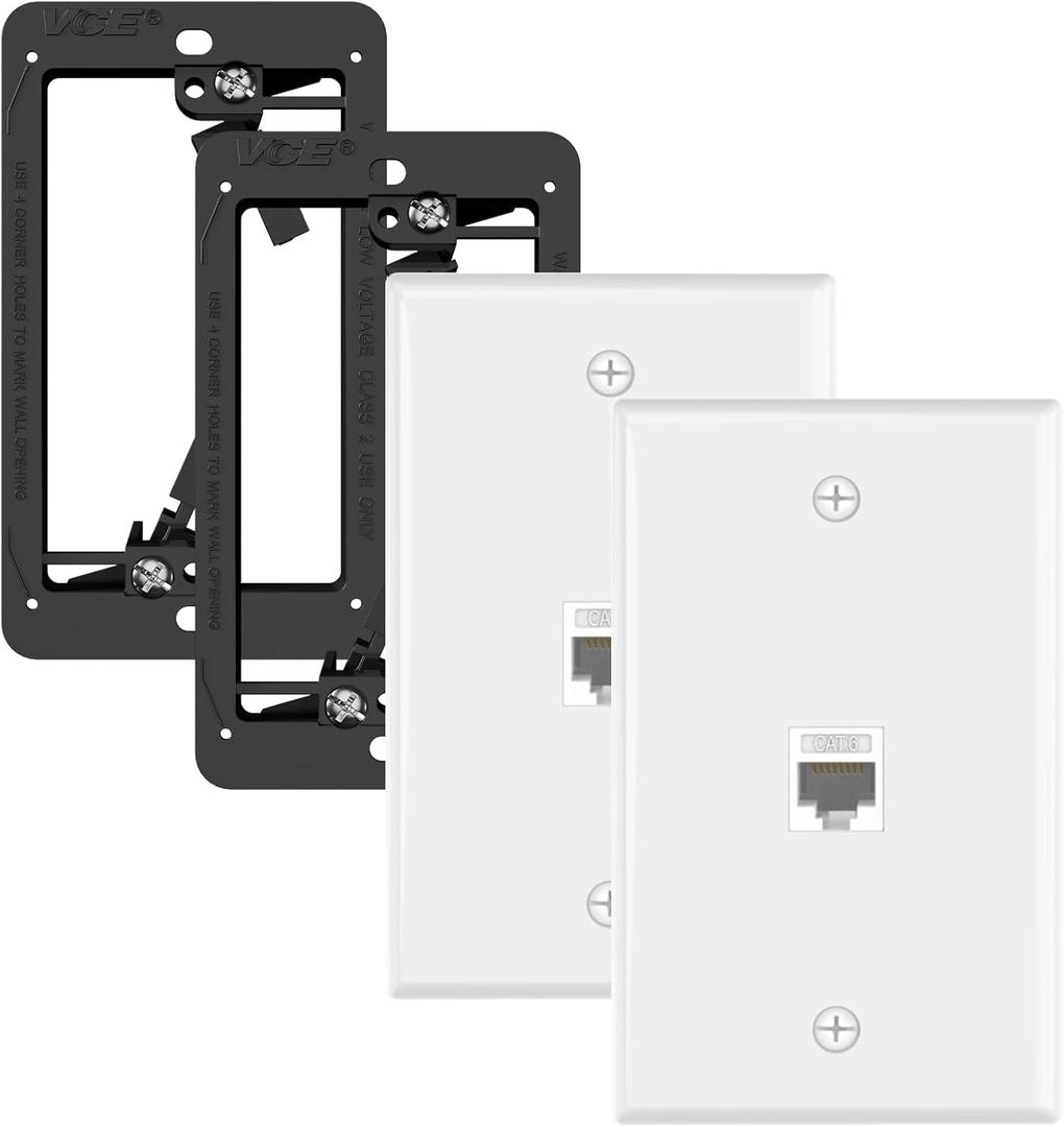 VCE Ethernet Wall Plate (ULListed), 1Port CAT6 Wall Plate and Jack, RJ45 Keystone Wall Outlet with Single Gang Low Voltage Mounting Bracket, White 2Pack