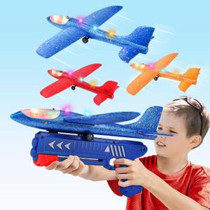 3 Pack Airplane Launcher Toy, 12.6" Foam Glider Led Plane, 2 Flight Mode Catapult Plane for Kids Outdoor Sport Flying Toys Gifts for 3 4 5 6 7 8 9 10 12 Year Old Boys Girls (Red&orange&blue)