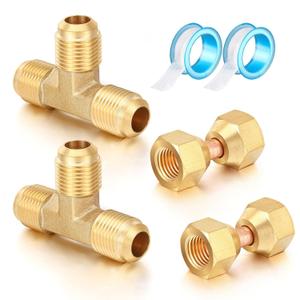 8 Pcs Brass Tube Fitting Set, Flare Tee Fitting 3/8" x 3/8" x 3/8", Brass 3/8" Female Flare x 3/8" Female Swivel Adapter, Tube Compression Valve Connector