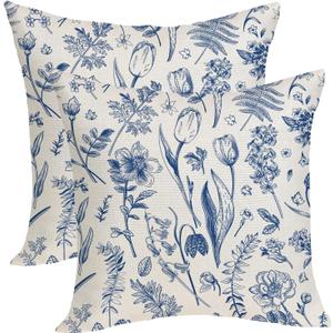 Spring Floral Pillow Cover 18x18 Pack of 2 Navy Blue Tulip Wildflower Leaf Throw Pillow Cover,Summer Holiday Decor Plant Pillowcase Rustic Decorative Cushion Case for Sofa Couch Outdoor Indoor