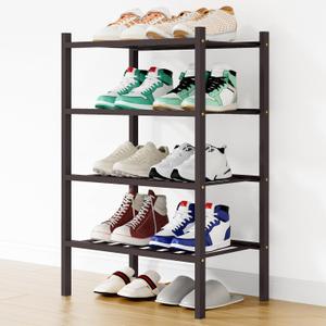 Smiry Shoe Rack, 4 Tier Small Bamboo Shoe Organizer, Stackable Free Standing Wooden Shoe Storage Shelf for Closet, Entryway, Front Door Entrance, Brown