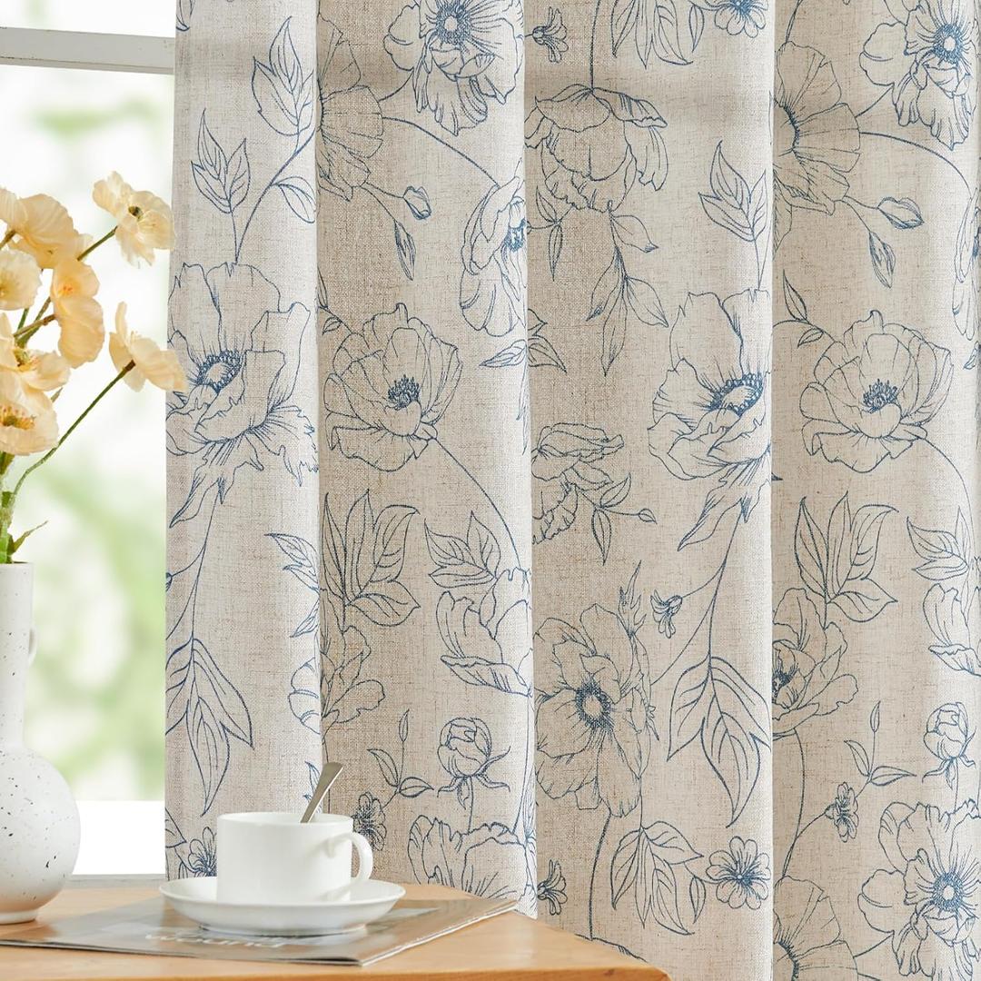 jinchan Floral Linen Curtains for Living Room 84 Inch Length Blue Flower Curtain Rod Pocket Back Tab Farmhouse Curtains with Printed Floral Bedroom Window Curtain Set, 2 Panels Blue (50"W x 84"L (Pack of 2), Floral Blue on Ecru)