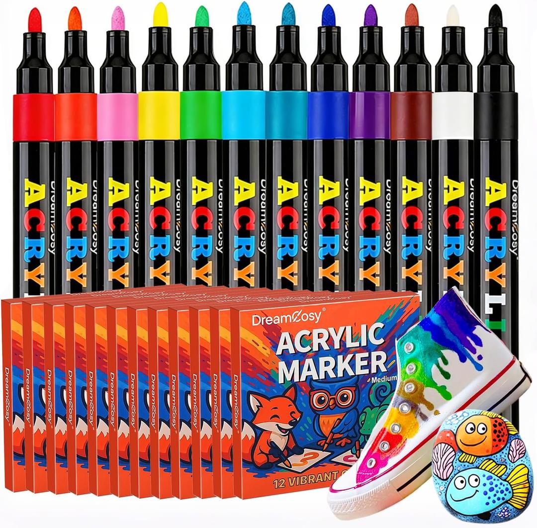 Acrylic Paint Markers, 144 Pack with 12 Colors Medium Tip Acrylic Paint Pens for Painting on Rocks, Canvas, Ceramic, Wood, Glass for Artists and Adults, DIY, Holiday Decorations & Art Supplies