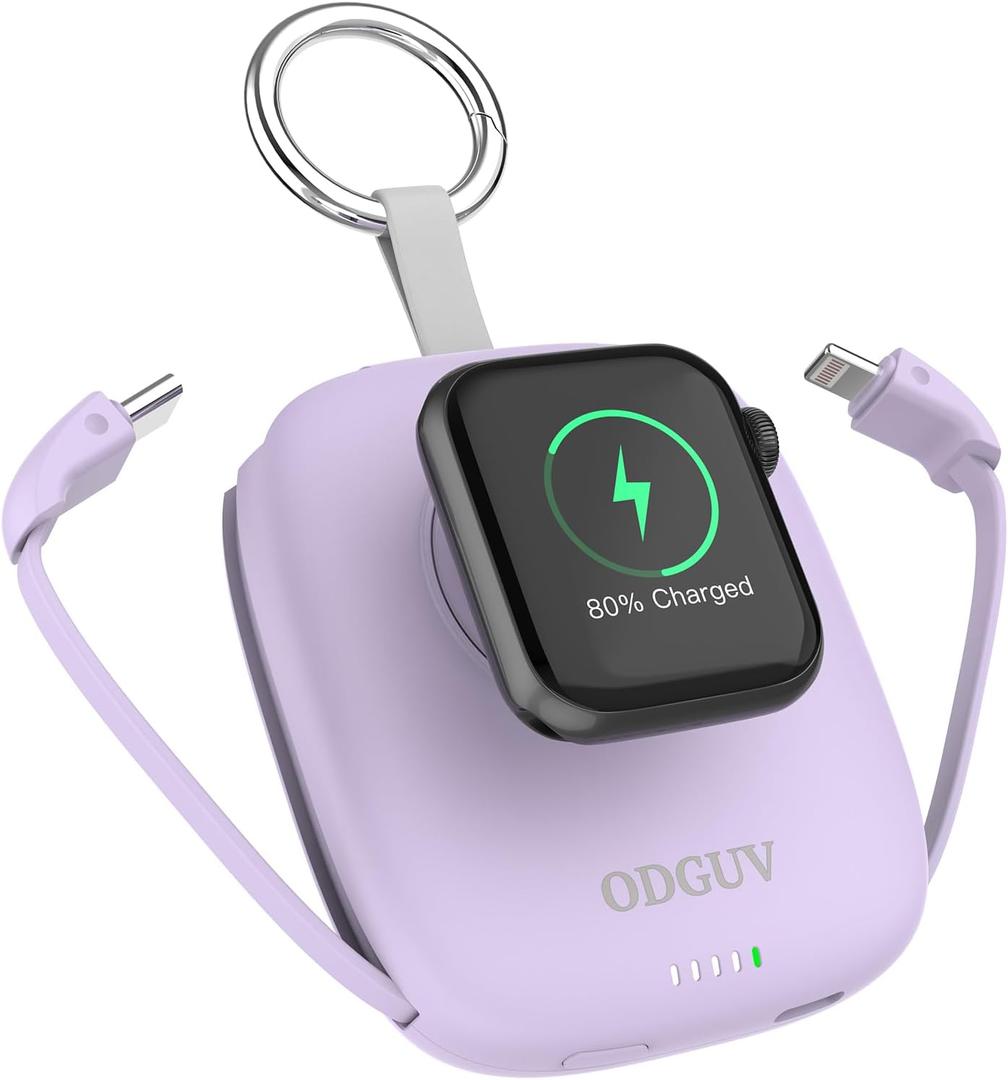 Small Portable Charger 5000mAh,iWatch Wireless Charger Mini Power Bank with Built-in Cable,Travel Keychain Charger for Apple Watch 11/10/9/8/Ultra/7/6/Se/5/4,iPhone 17/16/15/14/13/12,Android Phone (purple)