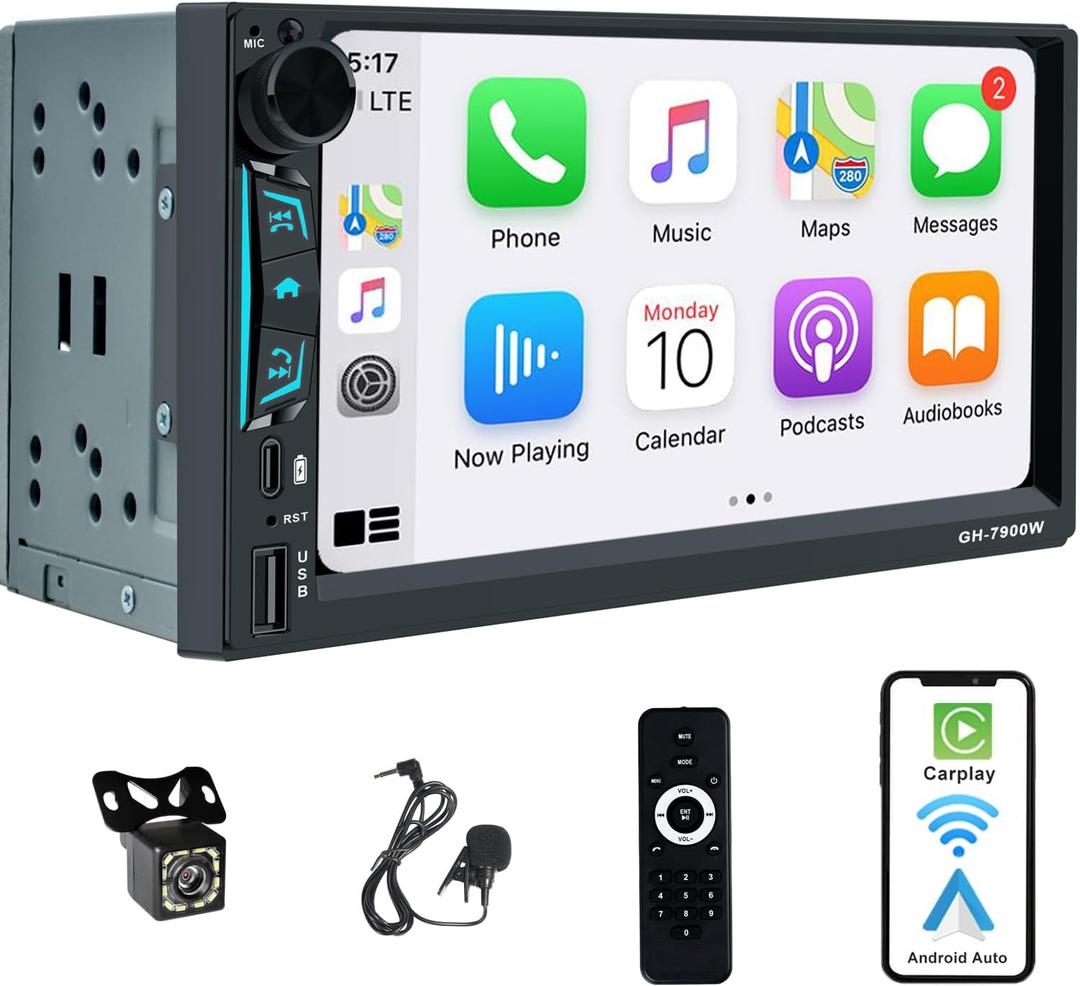 Double Din Car Stereo 7 Inch Touchscreen Compatible with [Wireless] Apple CarPlay/Android Auto Bluetooth FM Radio USB Type-C Backup Camera