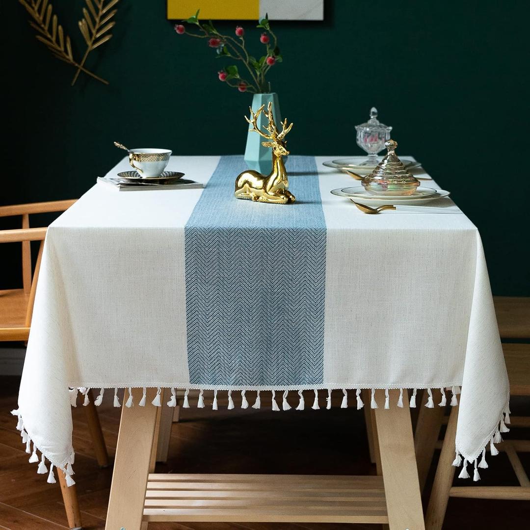 JIALE Tablecloths for Rectangle Tables,Cotton Linen Table Cloth Waterproof Tablecloth Wrinkle Free Farmhouse Dining Tables Cover,Soft Fabric Table Cloths with Tassels, Blue,55" X 70",4-6 Seats (Blue and White)