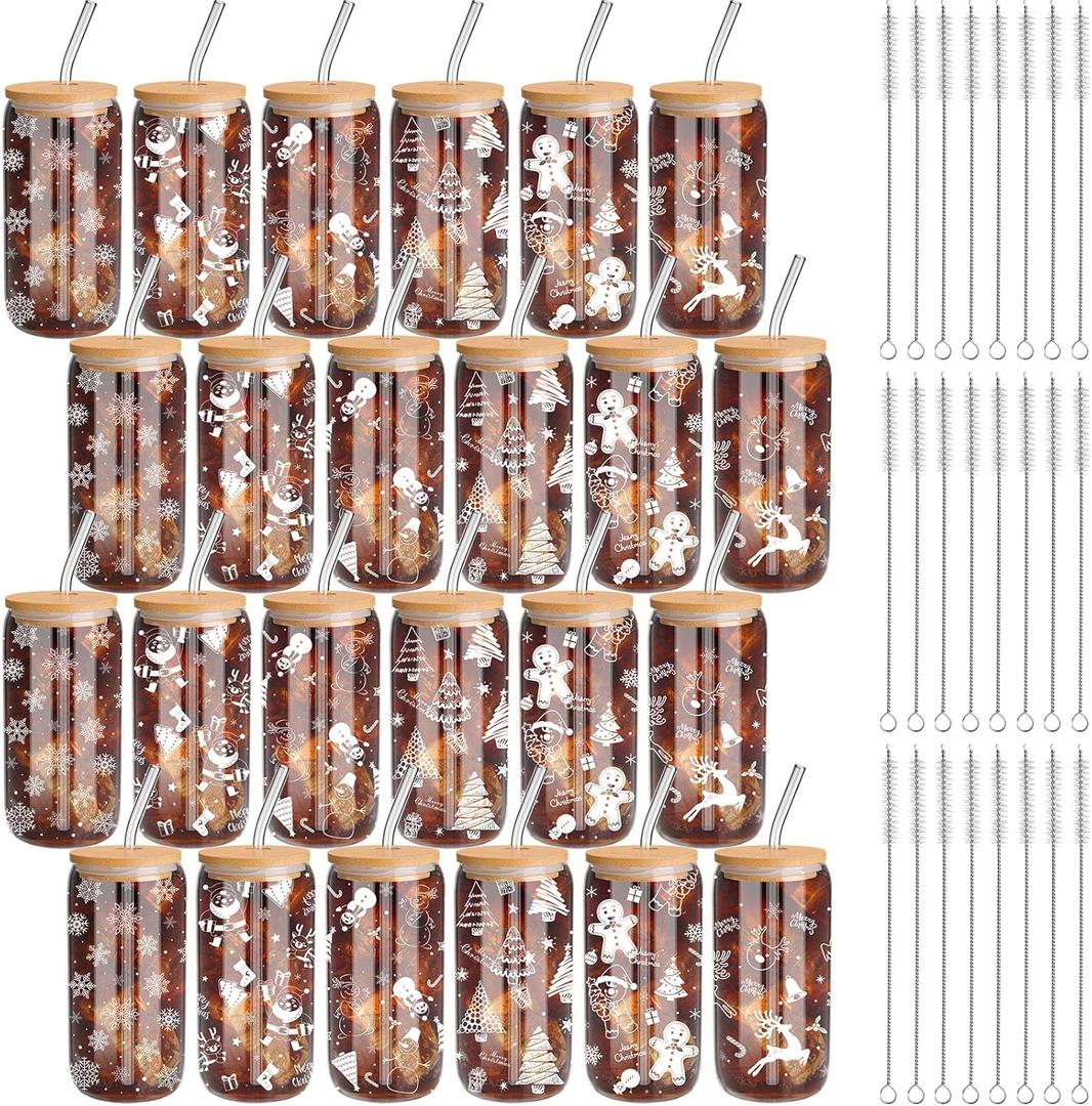 24 Set Christmas Glass Cups 16 oz Drinking Glasses with Bamboo Lids and Straws Christmas Iced Coffee Cup Drinkware Santa Snowflake Tumbler Holiday Mugs Xmas Gift for Women Mom(White Style)