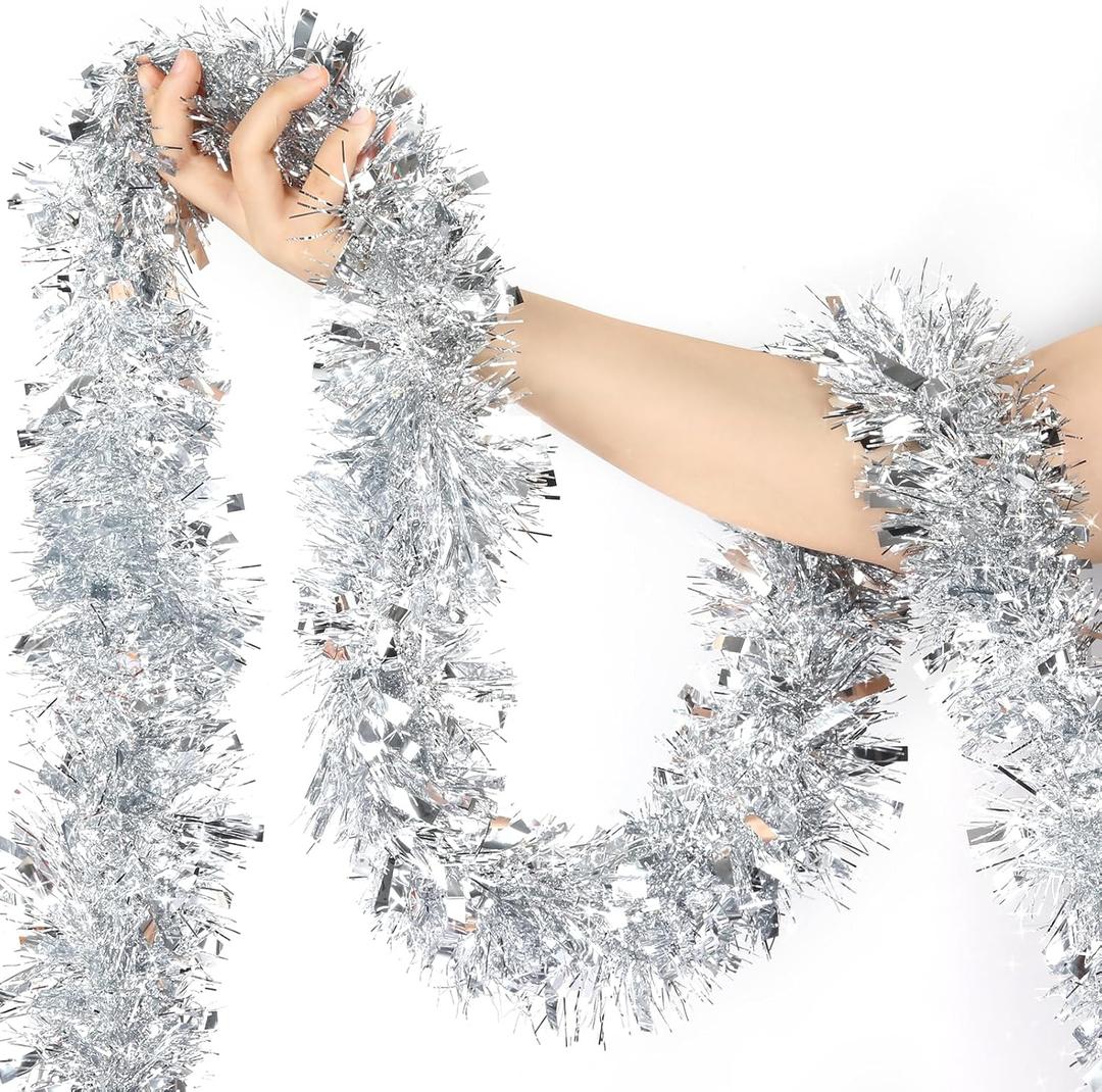 LEASEN 50 Feet Metallic Tinsel Garland for Christmas Tree Decoration, Silver