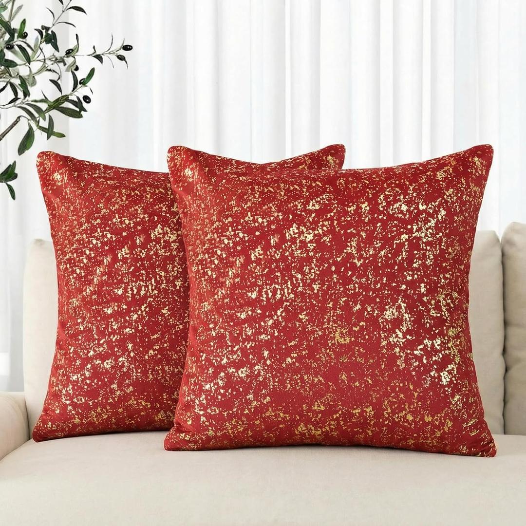 AVOIN colorlife Gold Foil Velvet Throw Pillow Covers 16 x 16 Inch, Red Luxury Accent Cushion Case Glitter Decoration for Home Sofa Couch Set of 2