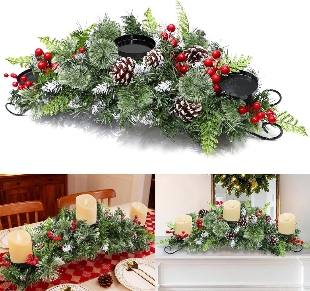 30 Inch Christmas Table Centerpiece with 3 Candle Holders, Christmas Centerpieces for Dining Table, Red Berry Pinecone Snowy Pine Cypress Metal Base Xmas Winter Tabletop Decor, Fire Retardant&Foldable