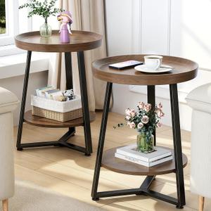 Round End Table Set of 2, 2-Tier Tray Top Side Table Decor Table, Ultra Stable Coffee End Table/Nightstand, Modern Farmhouse Couch Table for Living Room, Bedroom, Bedside Stand or Small Spaces, Walnut, 2 Pcs 2-Tier