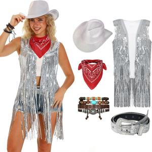 GERVAISE Womens Western Cowgirl Costume 70s Hippie Tassels Fringe Vest outfit Hat 5pcs (Small, Silver)