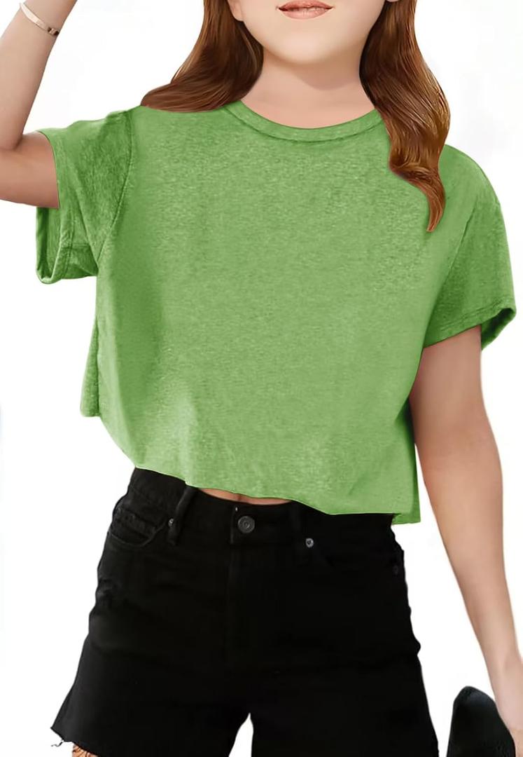 Girls Short Sleeve Crop Tops Kids Fashion Athletic Crew Neck Cropped T Shirts Casual Basic Tees
