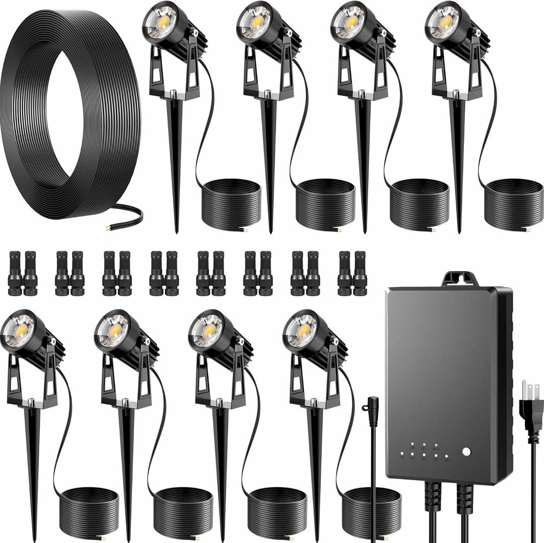 All-in-One Outdoor Low Voltage Landscape Lighting Kit, LED Landscape Spot Lights with 60W Transformer and 65FT Wire, Waterproof Outside Spotlights for Yard, Garden, Tree, Pathway, House, 3000K, 8 Pack