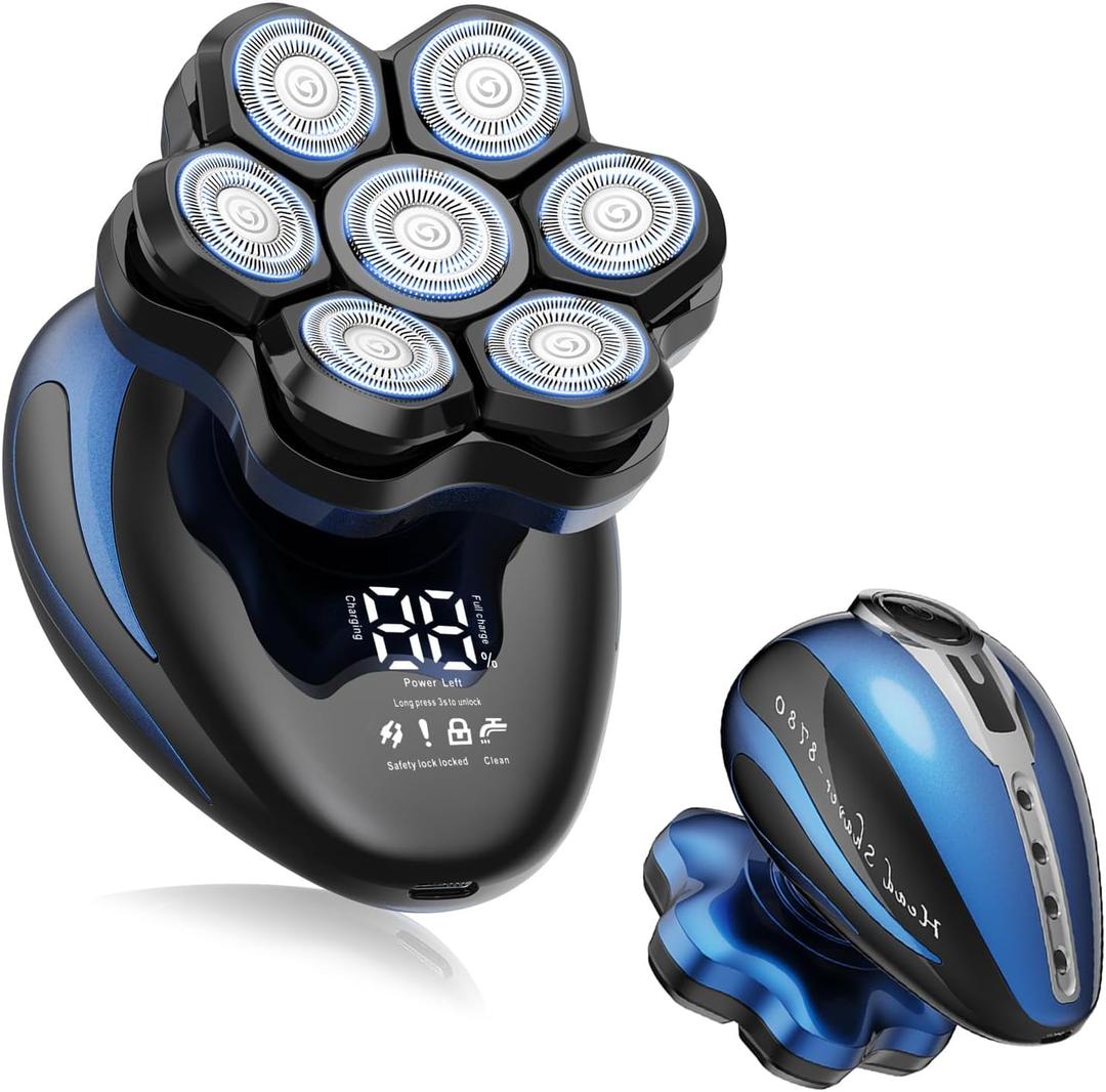 Clforczh Head Shavers for Bald Men - 7D Detachable Electric Razor, IPX6 Waterproof Wet Dry Rotary Shavers, LED Display Rechargeable Head Shaving with Fast Charging, Blue