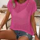Crochet Tops for Women Spring Summer Shirts Cute Mesh Top Cap Sleeve Cover Up Pullover Sweater Beach Vacation Clothes (Pink, S)