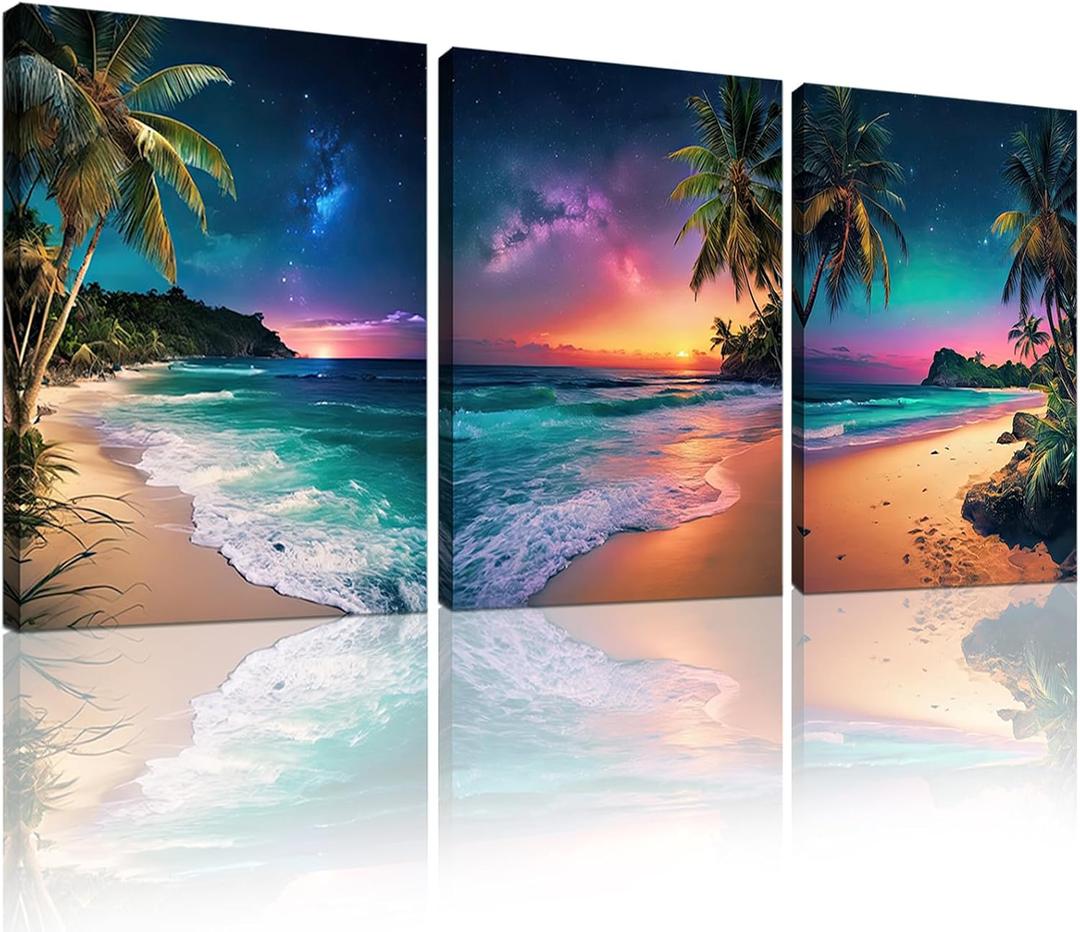 Weiyiart 3-Piece Tropical Beach Wall Art, Northern Lights Ocean Sunset Canvas Prints, Palm Tree Coastal Seascape Decor for Living Room Bedroom Bathroom Office, 12"x16" Set of 3