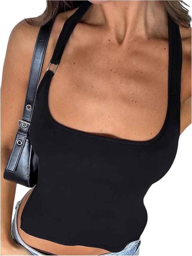 Milumia Women's Scoop Neck Backless Halter Top Sleeveless Split Hem Cami Crop Tops Going Out (Black, XL)