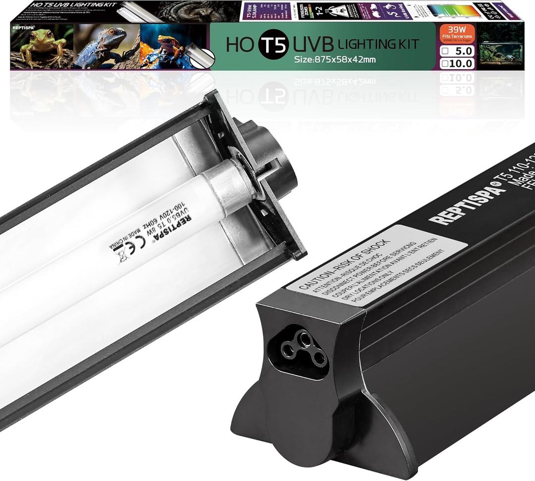 T5 HO UVB Lighting Combo Kit, 39W Reptile Light Fixture with Fluorescent Light Bulbs, Desert 10.0 UVB Light for Reptiles and Amphibians, Basking Light for Bearded Dragon, High Output Natural Light