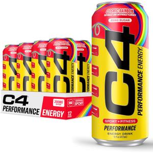 C4 Performance Energy Drink Cosmic Rainbow, Zero Sugar Carbonated Preworkout Energy, 200mg Caffeine with Beta Alanine, 16 Fl Oz (12 Pack) BB: 02/2027