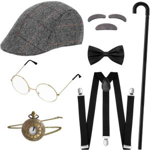 SATINIOR 1920s Old Man Costume for Adults Gangster Grandpa Accessories Set (Grey Stripe Style)